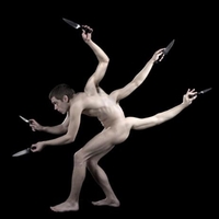 Male nude with five arms holding knives